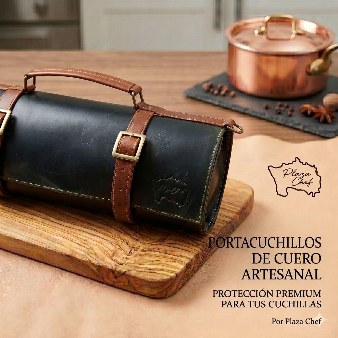 Porta cuchillos de cuero color verde olivo y marrón.
