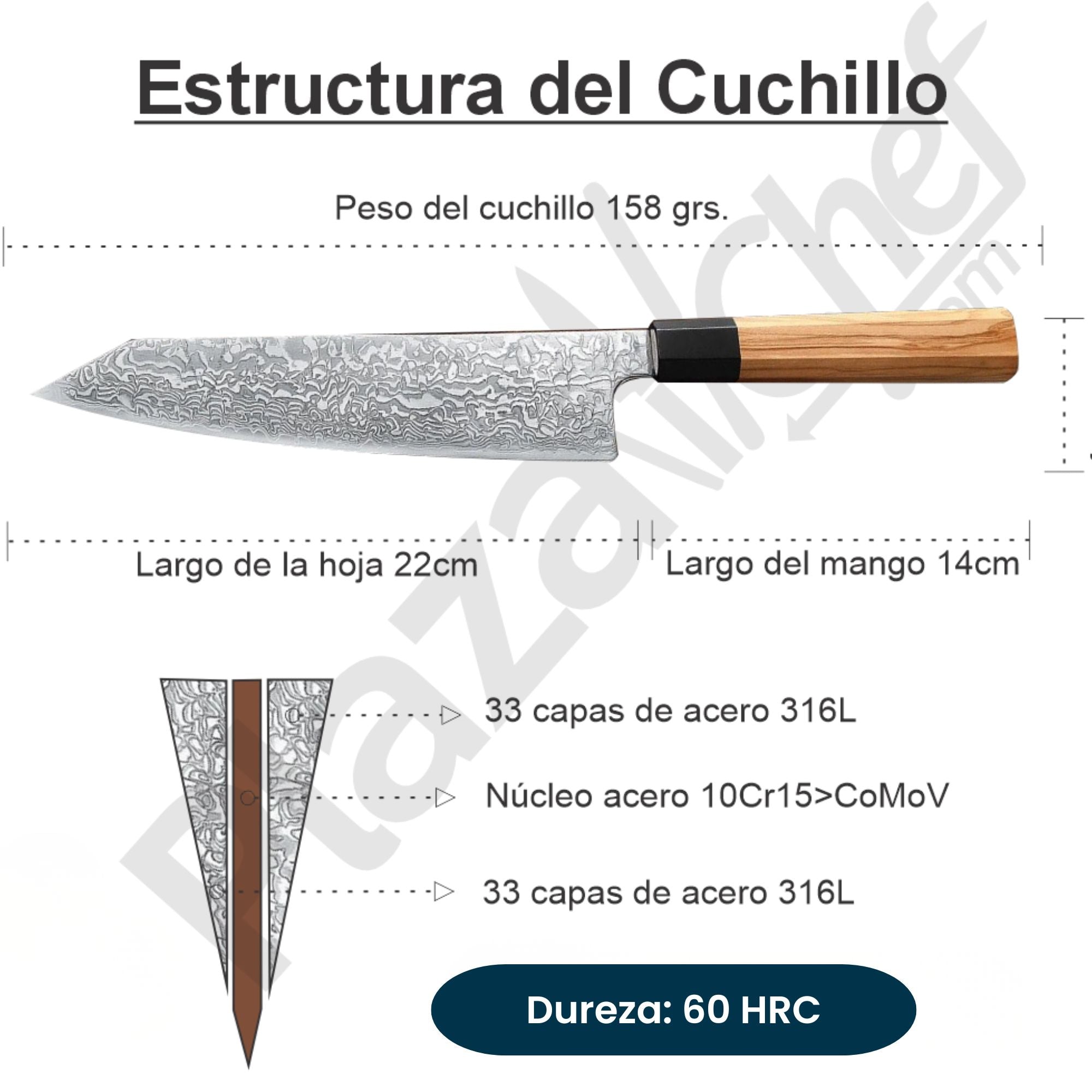 Cuchillo Kiritzuke 8.5" Damasco, Alto Carbono (PM80-QFD)