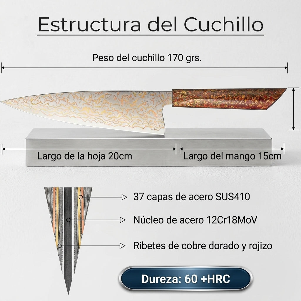 Cuchillo Chef 8" Damasco - Cobre, Alto Carbono (DMS-513A)