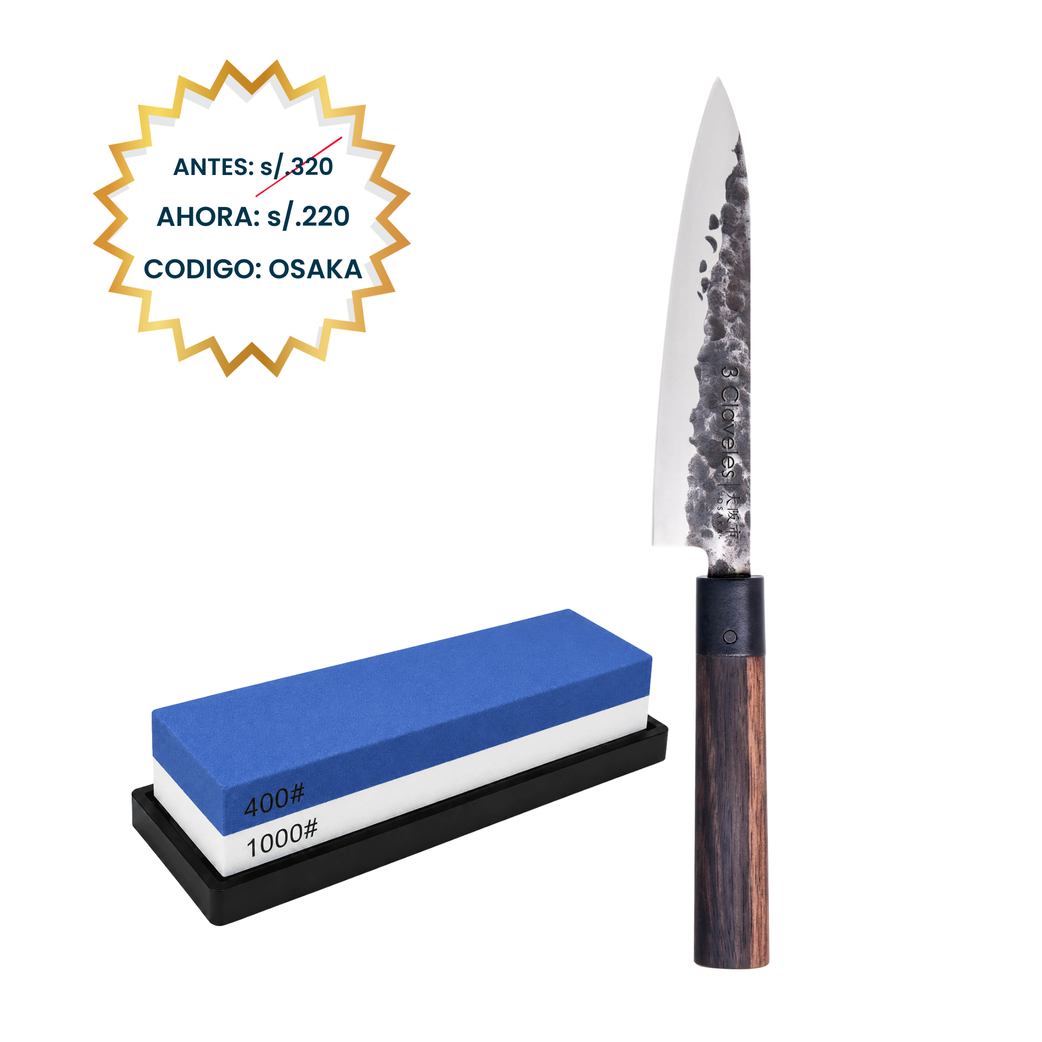 Maestría Japonesa en tu Cocina: Cuchillo Chef 8" - 3 Claveles Osaka + Piedra de Afilar de Regalo 400/1000