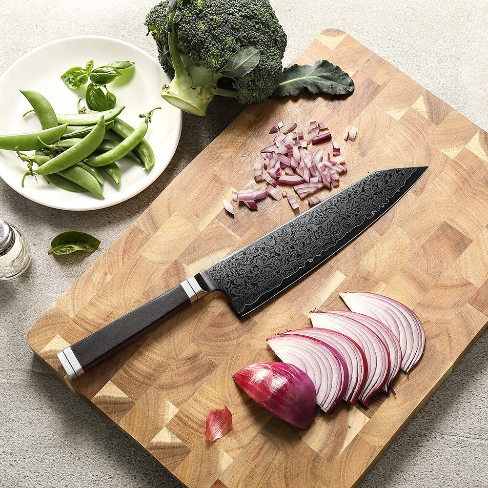 Cuchillo Bunka 8" Damasco, Alto Carbono acabado de Titanio (X08E-QF)