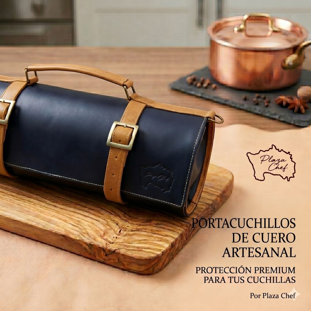 Porta cuchillos de cuero color chocolate bitter y camello.