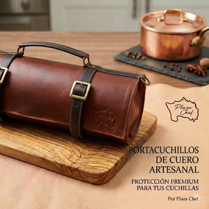 Porta cuchillos de cuero color habano y chocolate bitter.