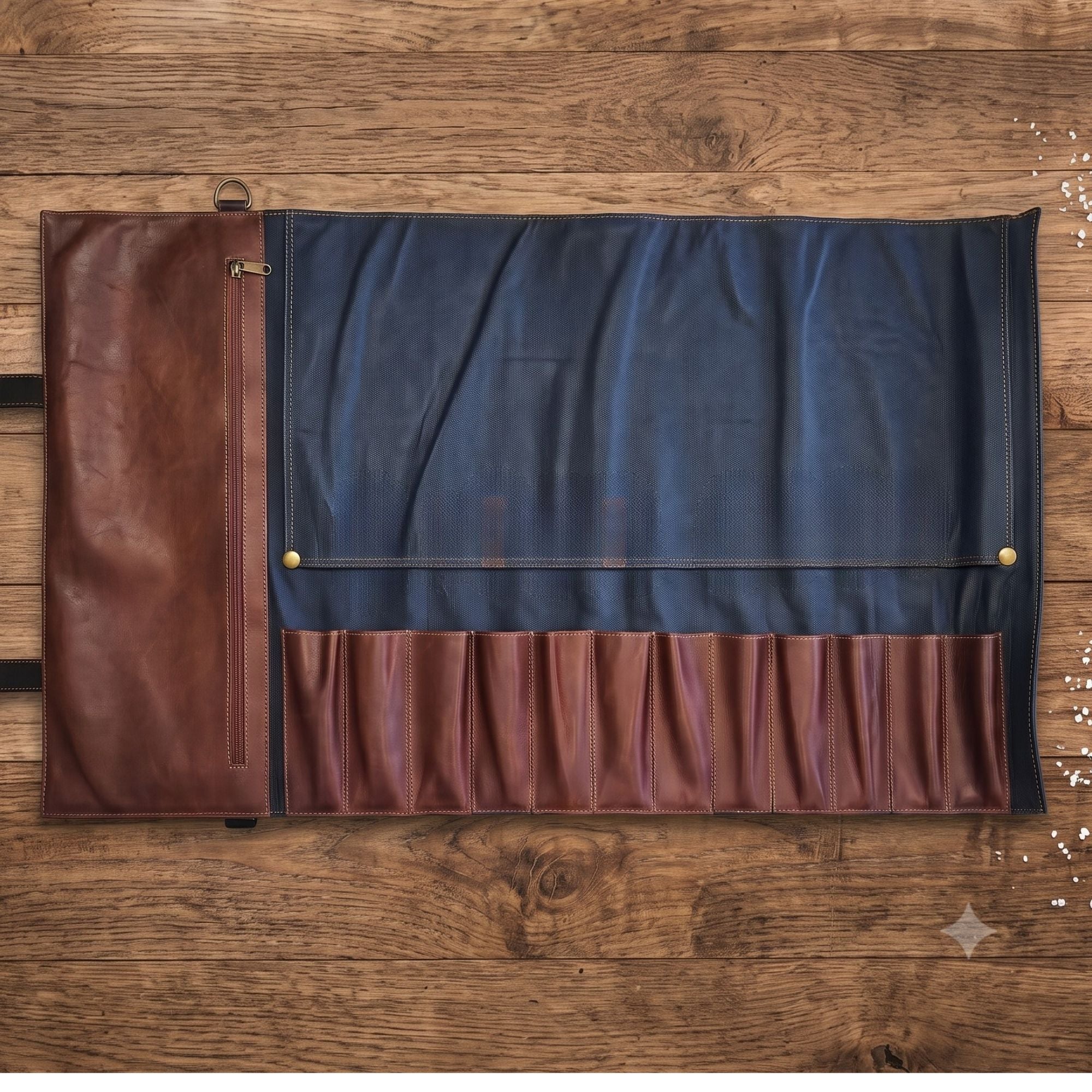 Porta cuchillos de cuero color habano y azul.