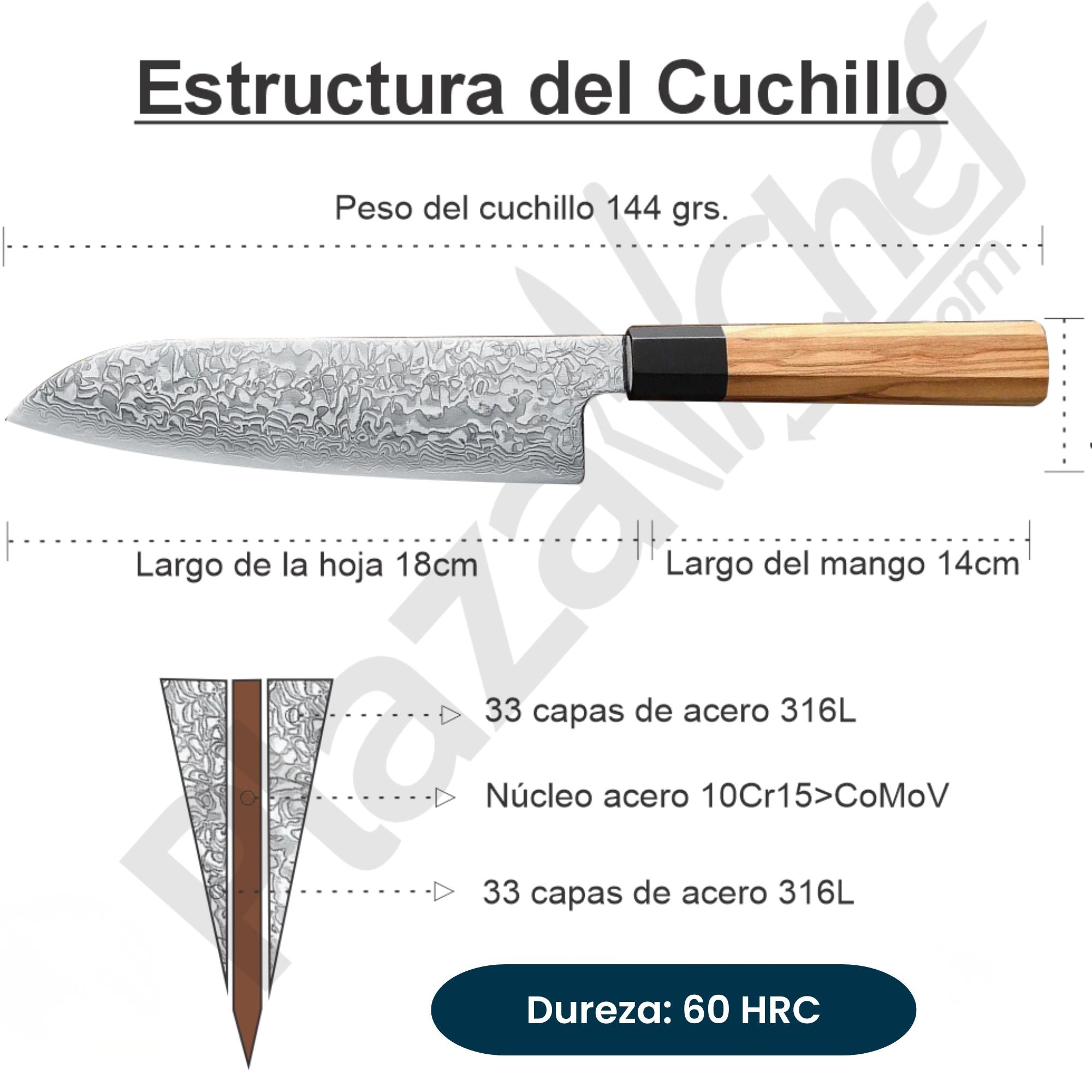 Cuchillo Santoku 7" Damasco, Alto Carbono (PM80-RS)
