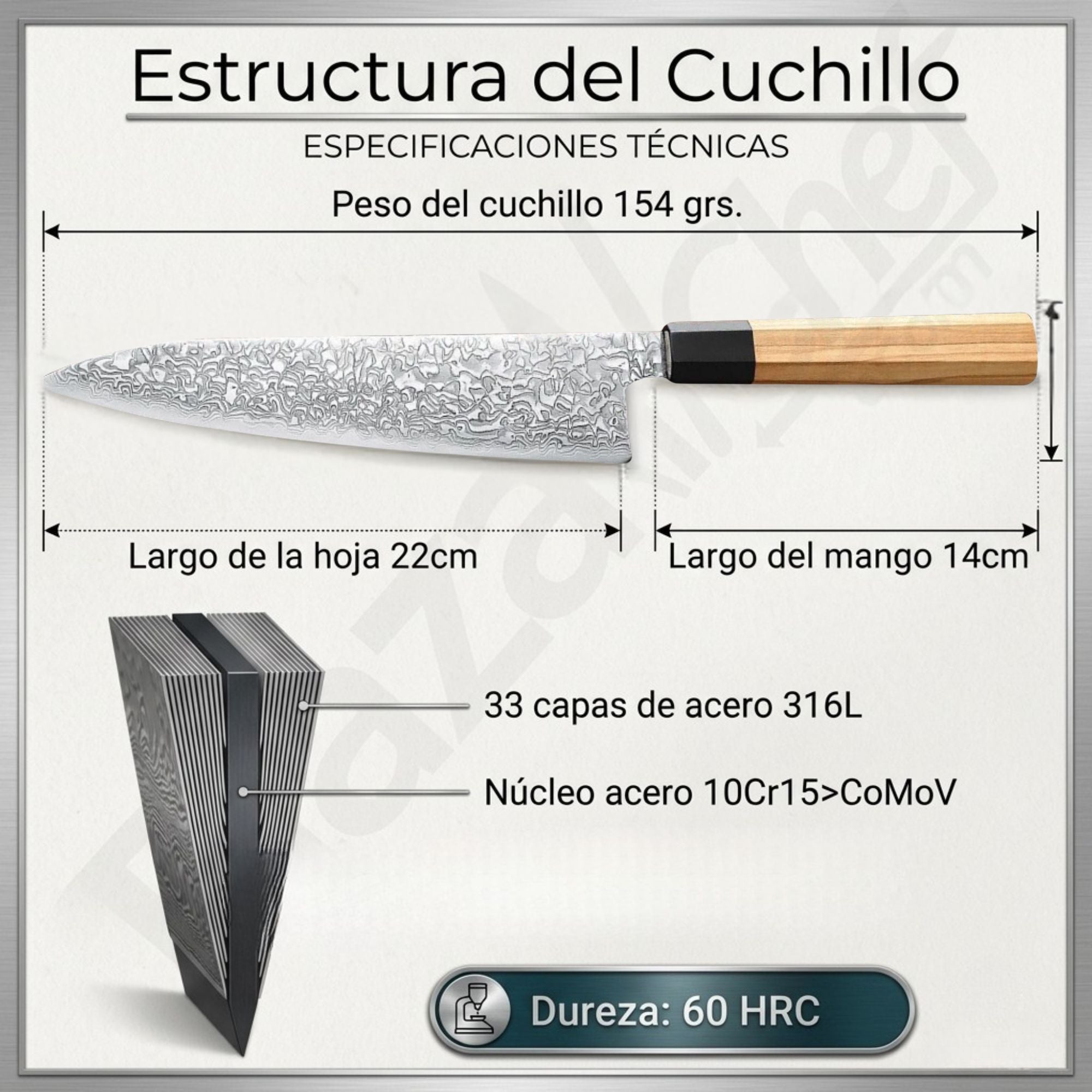 Cuchillo Chef 8.5" Damasco, Alto Carbono (PM80-CS)