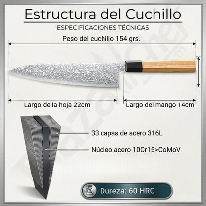Cuchillo Chef 8.5" Damasco, Alto Carbono (PM80-CS)
