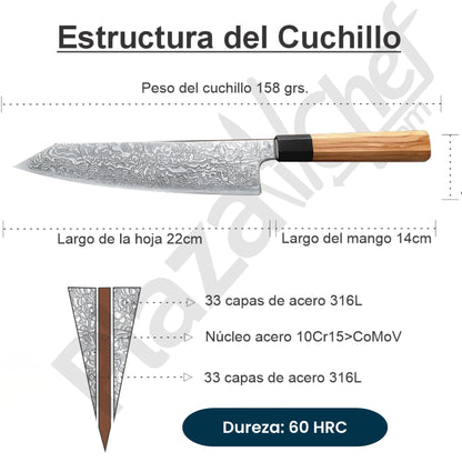 Cuchillo Kiritzuke 8.5" Damasco, Alto Carbono (PM80-QFD)
