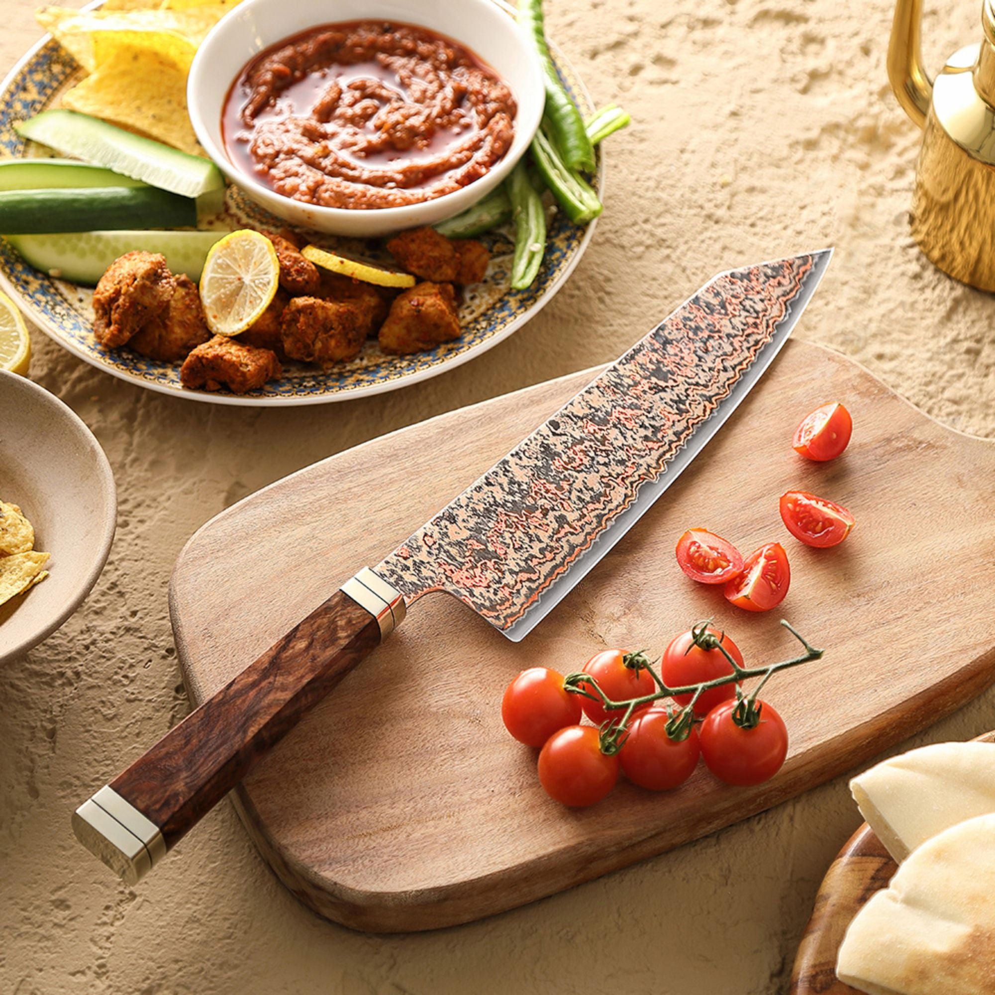 Cuchillo Bunka 8" Damasco Tricolor, Alto Carbono (X08C-QF)