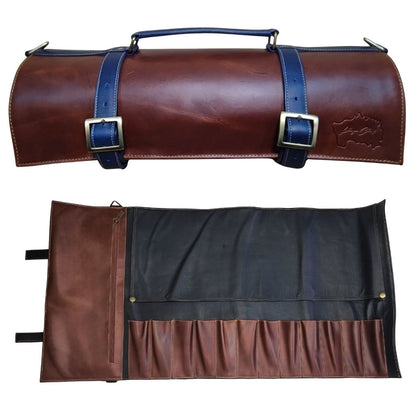 Porta cuchillos de cuero color habano y azul.