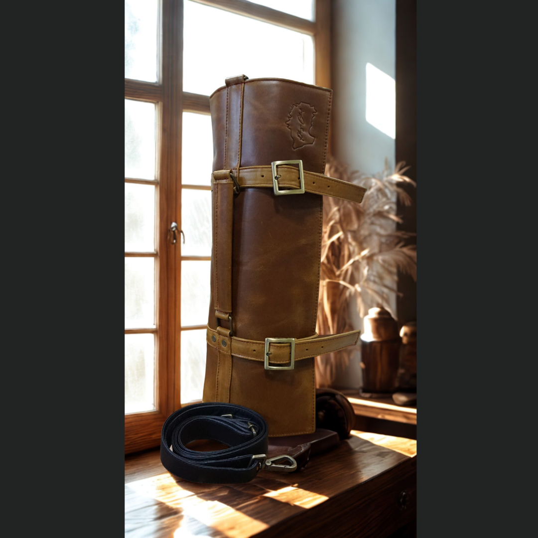 Porta cuchillos de cuero color miel.