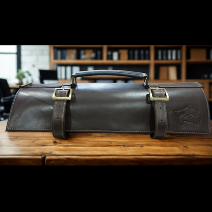 Porta cuchillos de cuero color marrón.