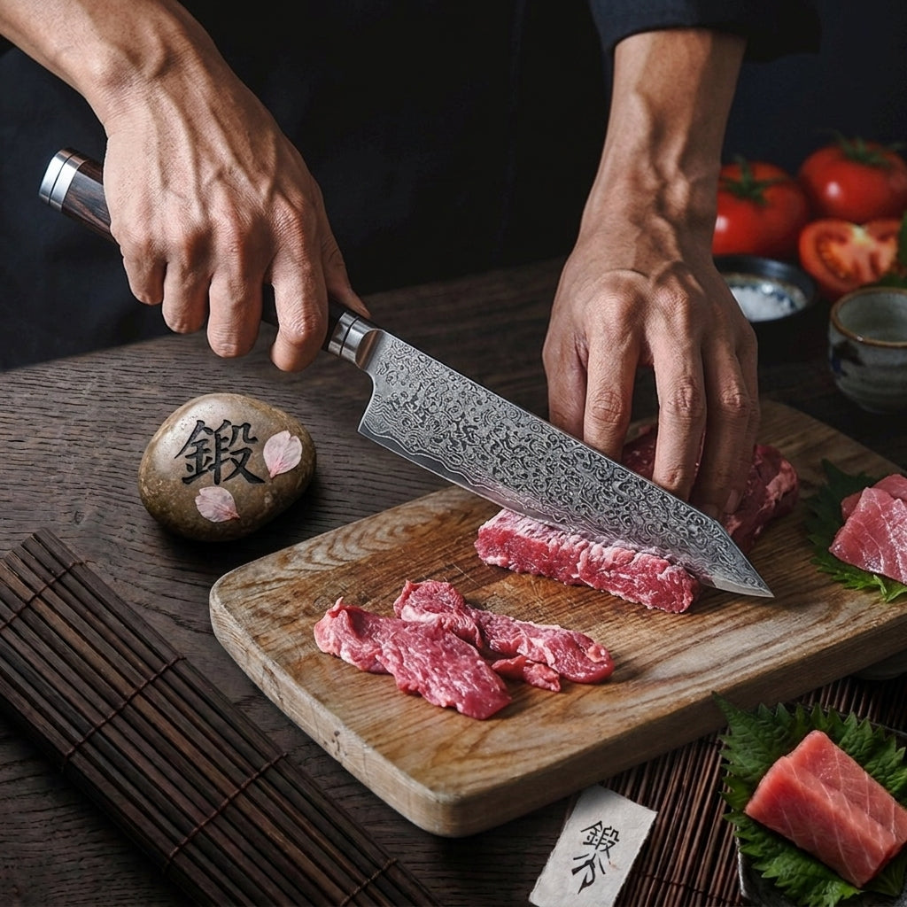 Cuchillo Bunka 8" Damasco, Alto Carbono acabado de Titanio (X08E-QF)