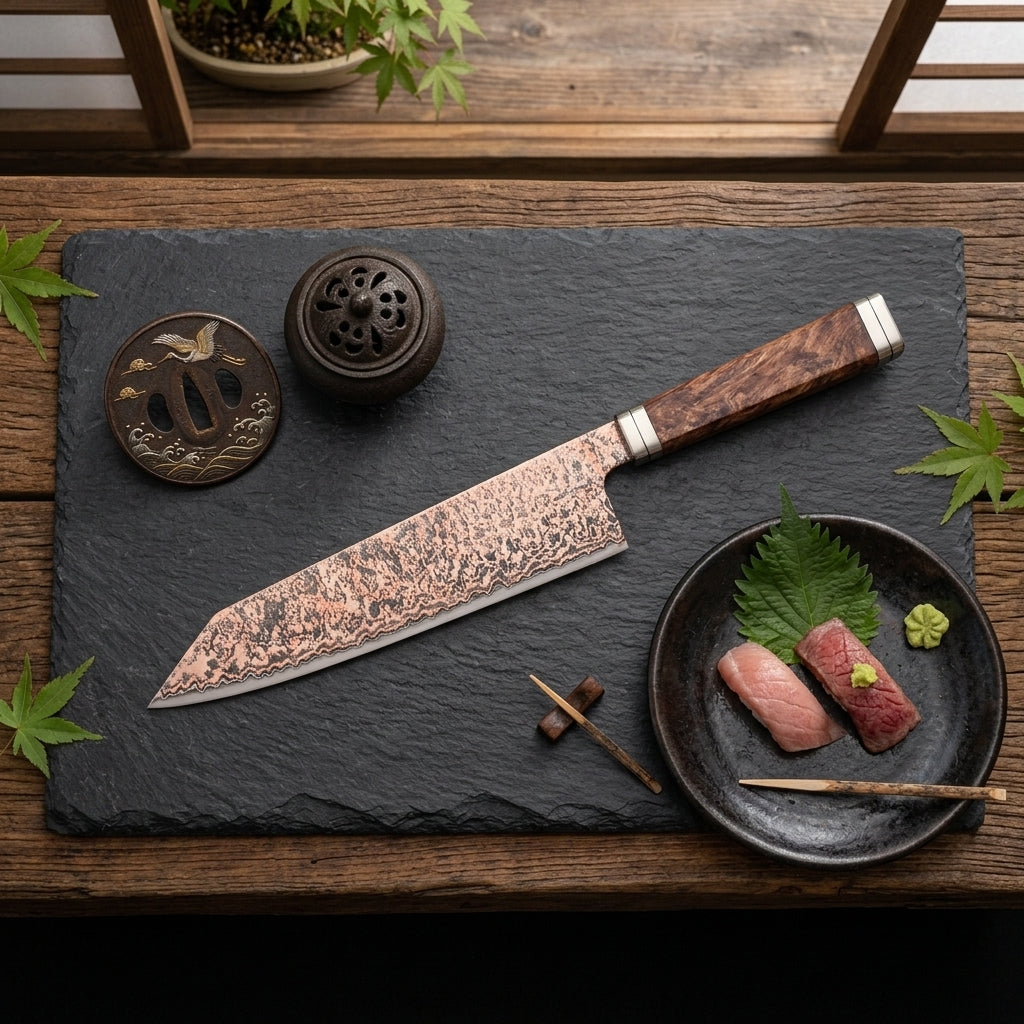 Cuchillo Bunka 8" Damasco Tricolor, Alto Carbono (X08C-QF)