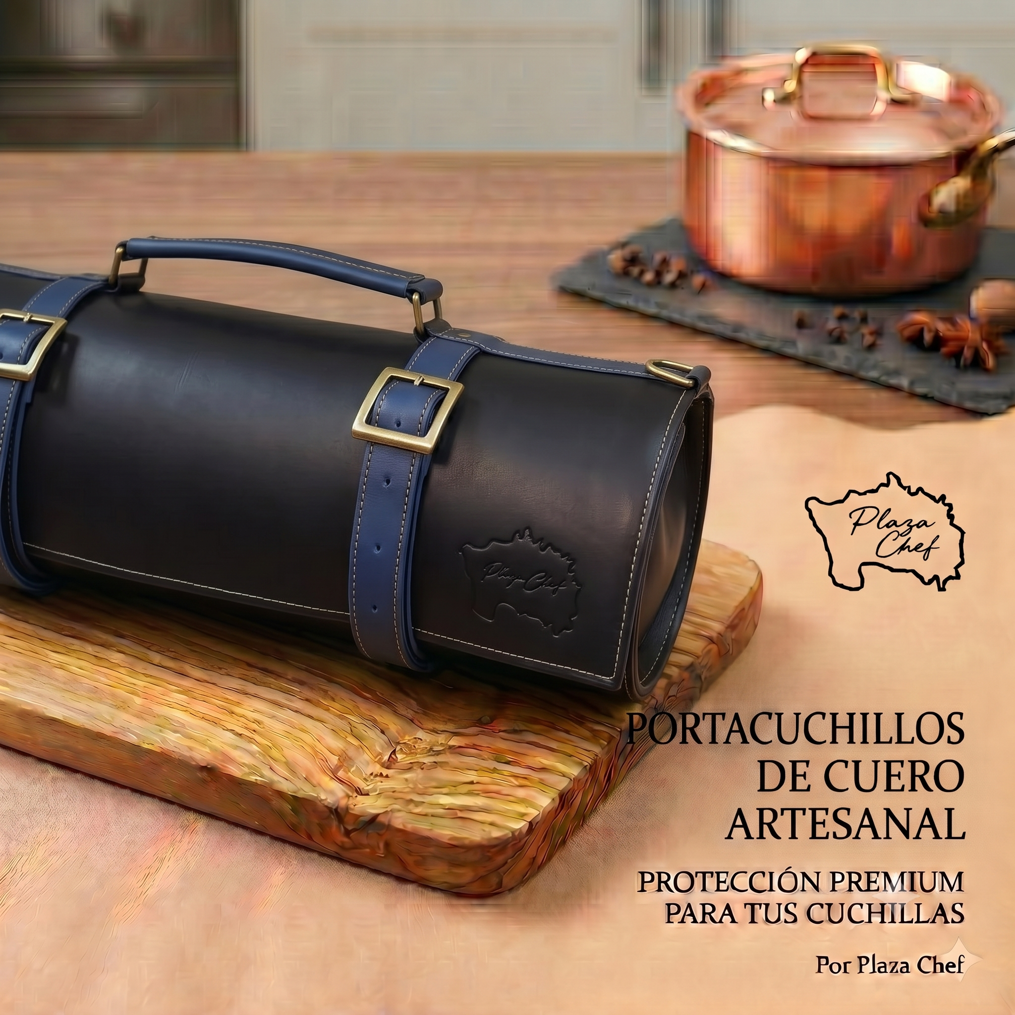 Porta cuchillos de cuero color negro mate y azul