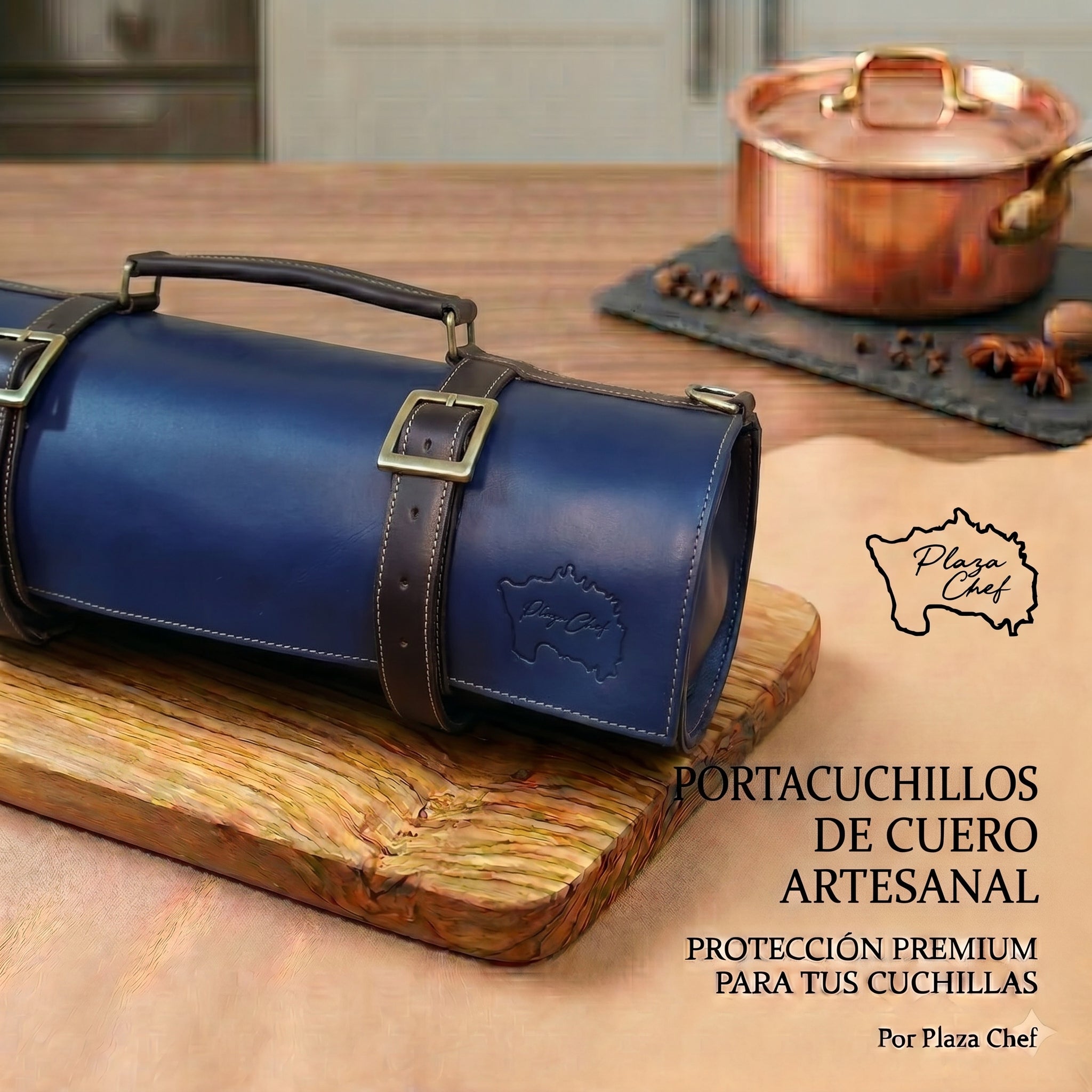Porta cuchillos de cuero color azul y negro