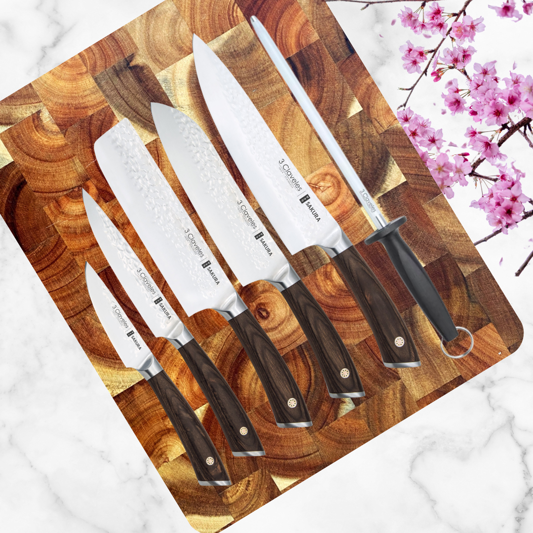 Set de Cuchillos 3 Claveles Sakura - 6 Piezas con Nakiri