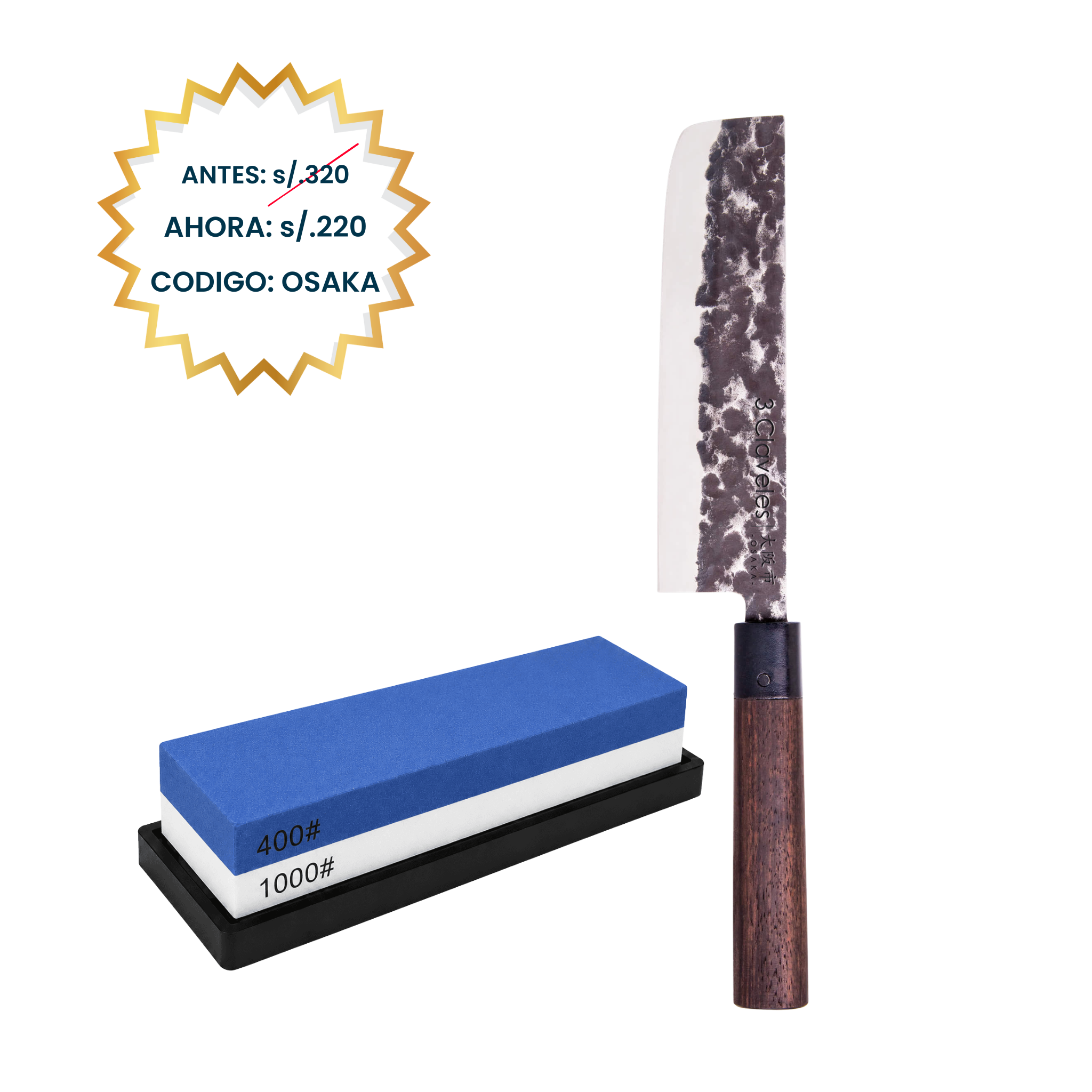 Maestría Japonesa en tu Cocina: Cuchillo Nakiri 7" - 3 Claveles Osaka + Piedra de Afilar de Regalo 400/1000