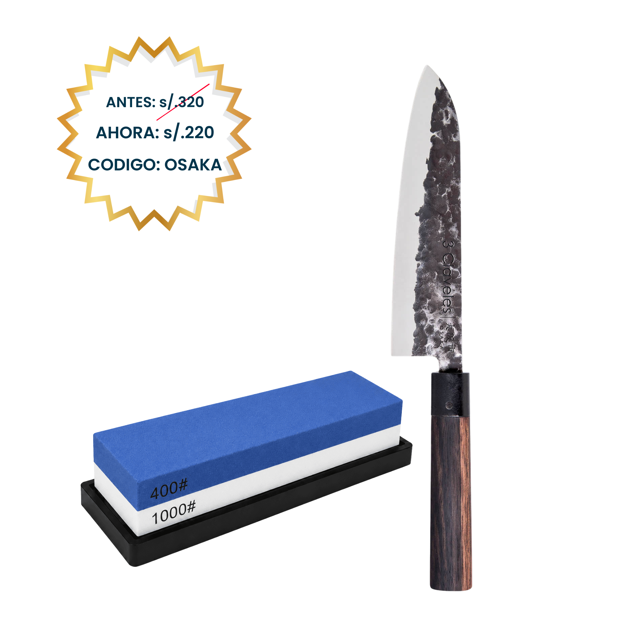 Maestría Japonesa en tu Cocina: Cuchillo Santoku 7" - 3 Claveles Osaka + Piedra de Afilar de Regalo 400/1000